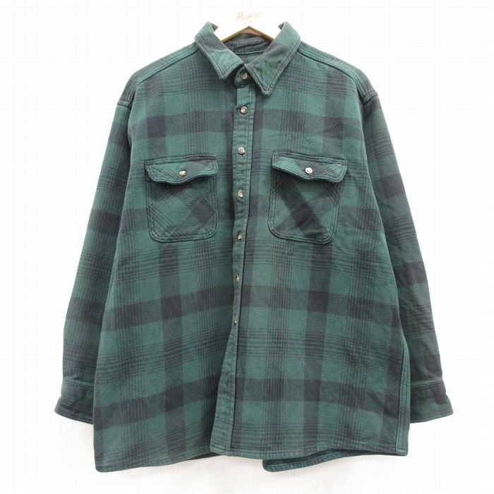 XL★古着 長袖 ヘビー フランネル シャツ メンズ 90年代 90s コットン 緑他 グリーン チェック 25feb05 中古 トップス