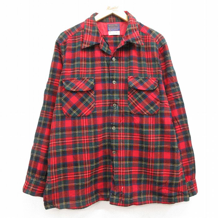 XL★古着 ペンドルトン PENDLETON 長袖 ウール シャツ メンズ 80年代 80s 開襟 オープンカラー USA製 赤他 レッド タータン チェック 25feb05 中古 トップス