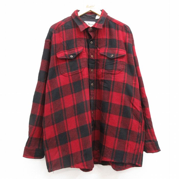 XL★古着 エルエルビーン LLBEAN 長袖 ウール シャツ メンズ 90年代 90s 大きいサイズ ロング丈 USA製 赤他 レッド チェック 25feb05 中古 トップス