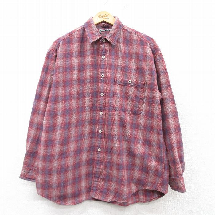 XL★古着 長袖 フランネル シャツ メンズ コットン 赤他 レッド チェック 25feb07 中古 トップス