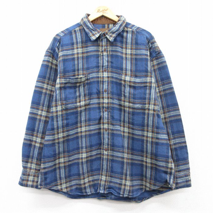 XL★古着 セントジョンズベイ 長袖 ヘビー フランネル シャツ メンズ 大きいサイズ コットン 紺他 ネイビー チェック 25feb07 中古 トップス