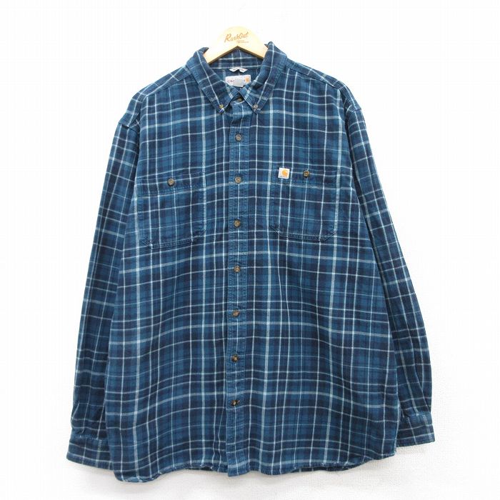 XL★古着 カーハート Carhartt 長袖 フランネル シャツ メンズ 大きいサイズ ロング丈 コットン ボタンダウン 紺他 ネイビー チェック 25feb07 中古 トップス