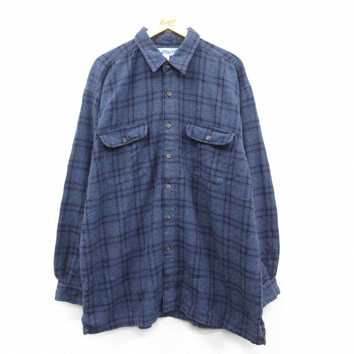 XL★古着 長袖 フランネル シャツ メンズ 大きいサイズ ロング丈 コットン 紺他 ネイビー チェック 25feb07 中古 トップス