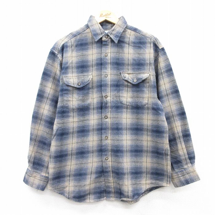 L★古着 長袖 ヘビー フランネル シャツ メンズ コットン 紺他 ネイビー チェック 25feb07 中古 トップス