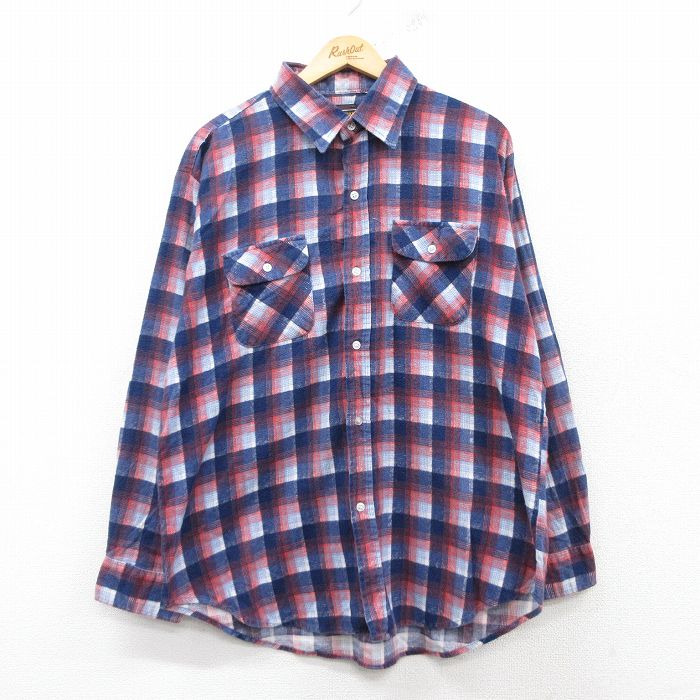 XL★古着 シアーズ 長袖 フランネル シャツ メンズ 80年代 80s 紺他 ネイビー チェック 【spe】 25feb07 中古 トップス