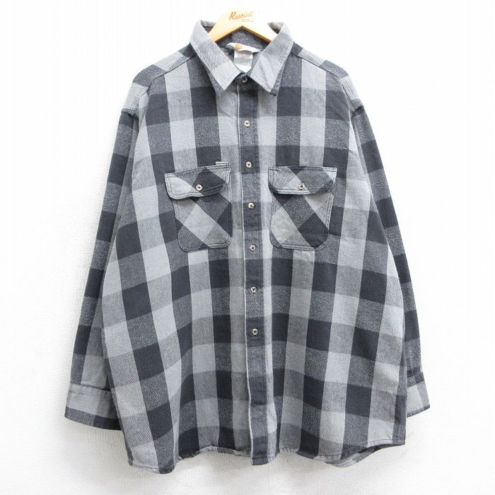 XL★古着 カーハート Carhartt 長袖 ヘビー フランネル シャツ メンズ 90年代 90s ロング丈 大きいサイズ グレー他 バッファロー チェック 【spe】 25feb08 中古 トップス