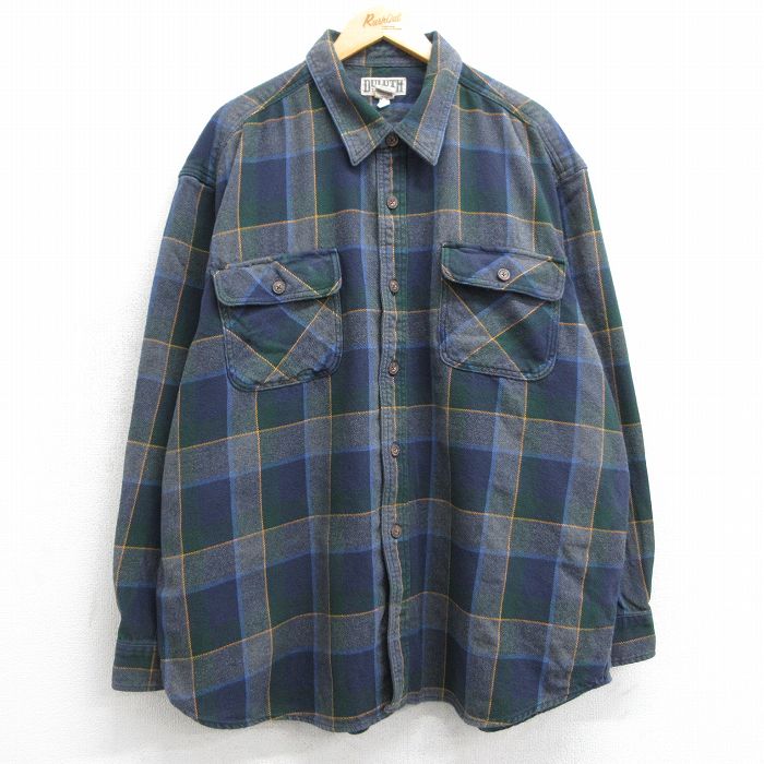 XL★古着 長袖 ヘビー フランネル シャツ メンズ 大きいサイズ　ロング丈 コットン 紺他 ネイビー チェック 25feb08 中古 トップス