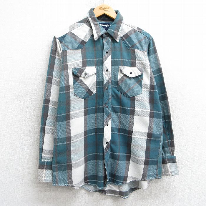 L★古着 ラングラー Wrangler 長袖 ウエスタン ヘビー フランネル シャツ メンズ 90年代 90s コットン 緑他 グリーン チェック 25feb08 中古 トップス