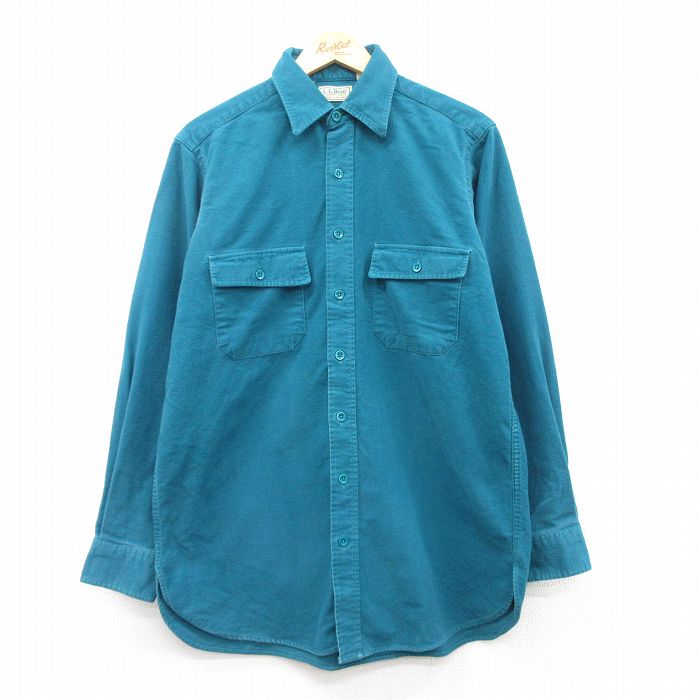 L★古着 エルエルビーン LLBEAN 長袖 ヘビー フランネル シャツ メンズ 80年代 80s ロング丈 コットン USA製 緑系 グリーン 25feb10 中古 トップス