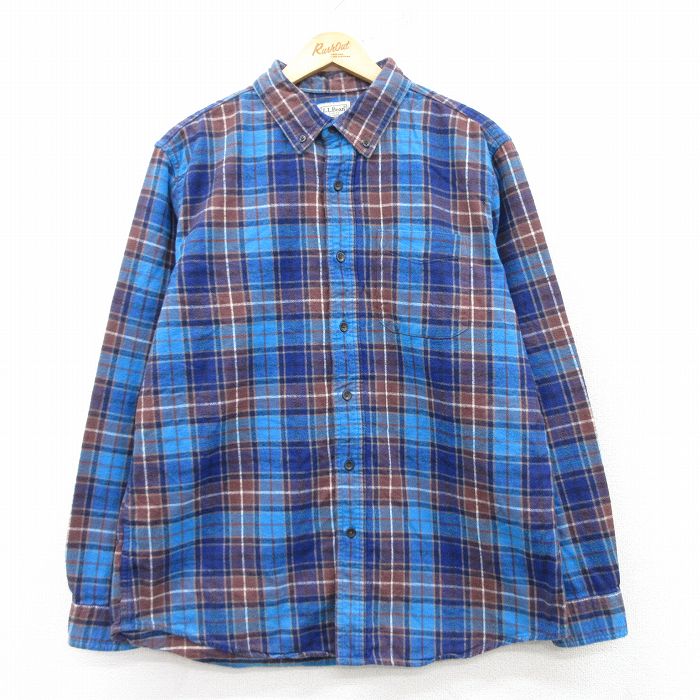 XL★古着 エルエルビーン LLBEAN 長袖 フランネル シャツ メンズ 00年代 00s コットン ボタンダウン 紺他 ネイビー チェック 25feb13 中古 トップス