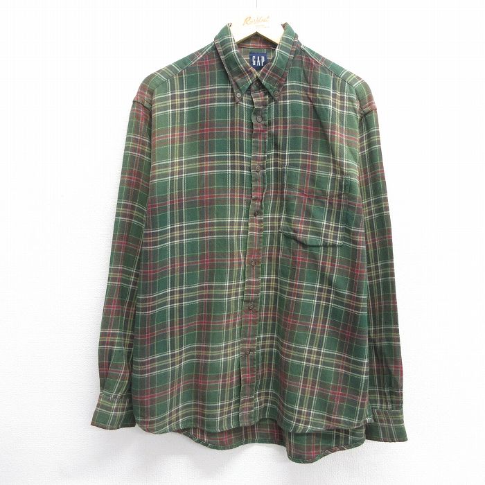 XL★古着 ギャップ GAP 長袖 ヘビー フランネル シャツ メンズ 00年代 00s コットン ボタンダウン 緑他 グリーン チェック 25feb14 中古 トップス