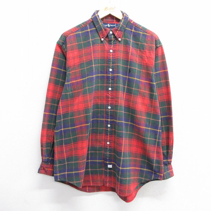 XL★古着 ラルフローレン Ralph Lauren 長袖 ブランド フランネル シャツ メンズ 90年代 90s ワンポイントロゴ 大きいサイズ コットン ボタンダウン 赤他 レッド チェック 25feb14 中古 トップス