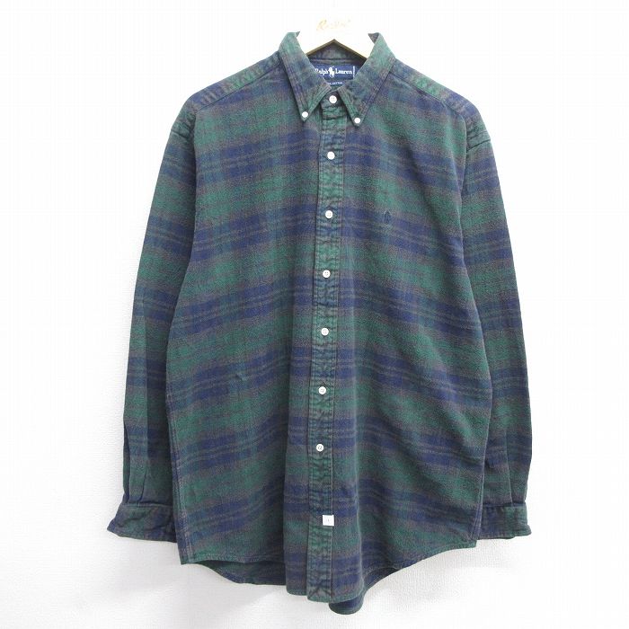 XL★古着 ラルフローレン Ralph Lauren 長袖 ブランド フランネル シャツ メンズ 90年代 90s ワンポイントロゴ 大きいサイズ コットン ボタンダウン 緑他 グリーン チェック 25feb14 中古 トップス