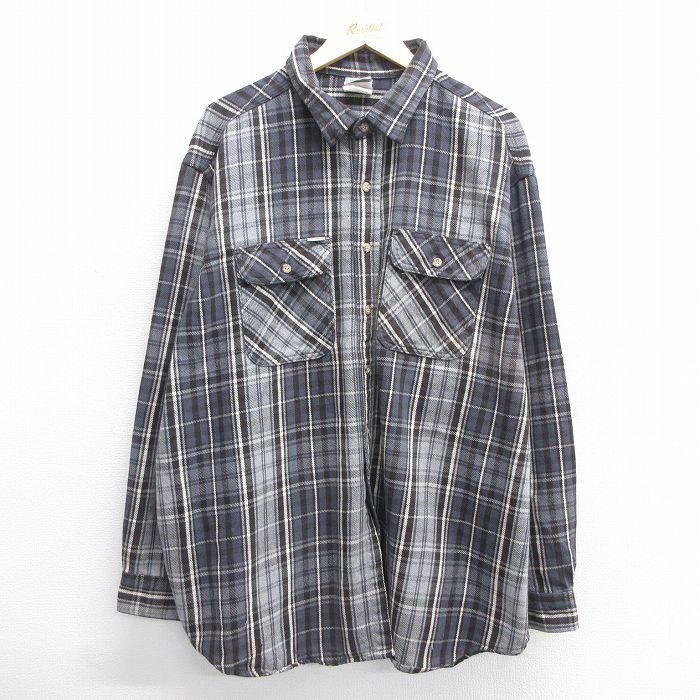 XL★古着 カーハート Carhartt 長袖 ヘビー フランネル シャツ メンズ 90年代 90s 大きいサイズ ロング丈 USA製 グレー他 チェック 25feb14 中古 トップス