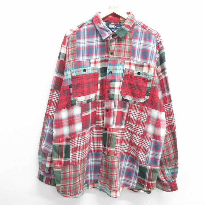 XL★古着 ラルフローレン Ralph Lauren 長袖 ブランド ヘビー フランネル シャツ メンズ 90年代 90s SPORTCODY パッチワーク 大きいサイズ コットン 赤他 レッド チェック 【spe】 25feb14 中古 トップス