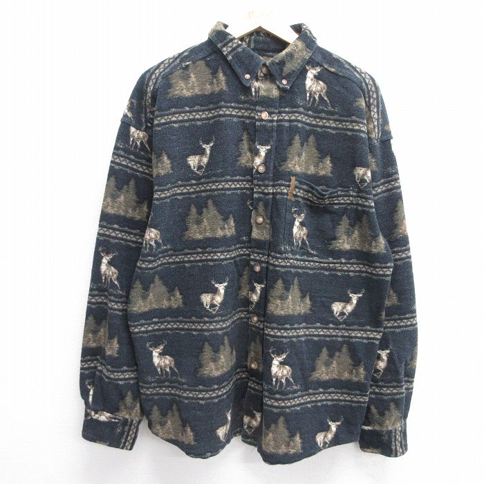 XL★古着 長袖 ヘビー フランネル シャツ メンズ 00年代 00s シカ コットン ボタンダウン 紺 ネイビー 25feb14 中古 トップス