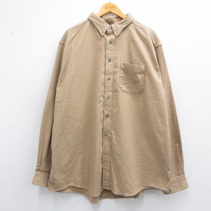 XL★古着 エルエルビーン LLBEAN 長袖 ヘビー フランネル シャツ メンズ 00年代 00s ヘリンボーン 大きいサイズ ロング丈 コットン ボタンダウン カナダ製 ベージュ カーキ 25feb14 中古 トップス