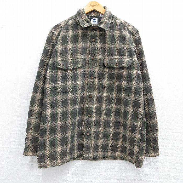 XL★古着 ギャップ GAP 長袖 ヘビー フランネル シャツ メンズ 00年代 00s コットン 薄緑他 グリーン チェック 25feb14 中古 トップス
