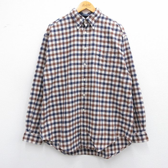 XL★古着 トミーヒルフィガー TOMMY HILFIGER 長袖 ヘビー フランネル シャツ メンズ 90年代 90s コットン ボタンダウン 濃ベージュ他 カーキ チェック 25feb14 中古 トップス