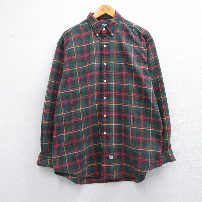 XL★古着 ラルフローレン Ralph Lauren 長袖 ブランド フランネル シャツ メンズ 90年代 90s ワンポイントロゴ 大きいサイズ コットン ボタンダウン 緑他 グリーン チェック 【spe】 25feb14 中古 トップス