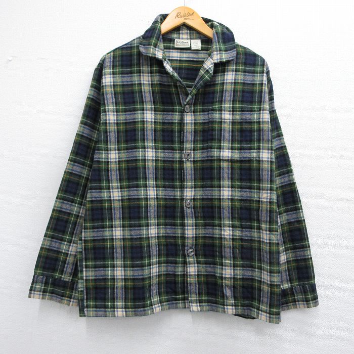 L★古着 エルエルビーン LLBEAN 長袖 パジャマ フランネル シャツ メンズ 00年代 00s コットン 開襟 オープンカラー 緑他 グリーン チェック 25feb14 中古 トップス