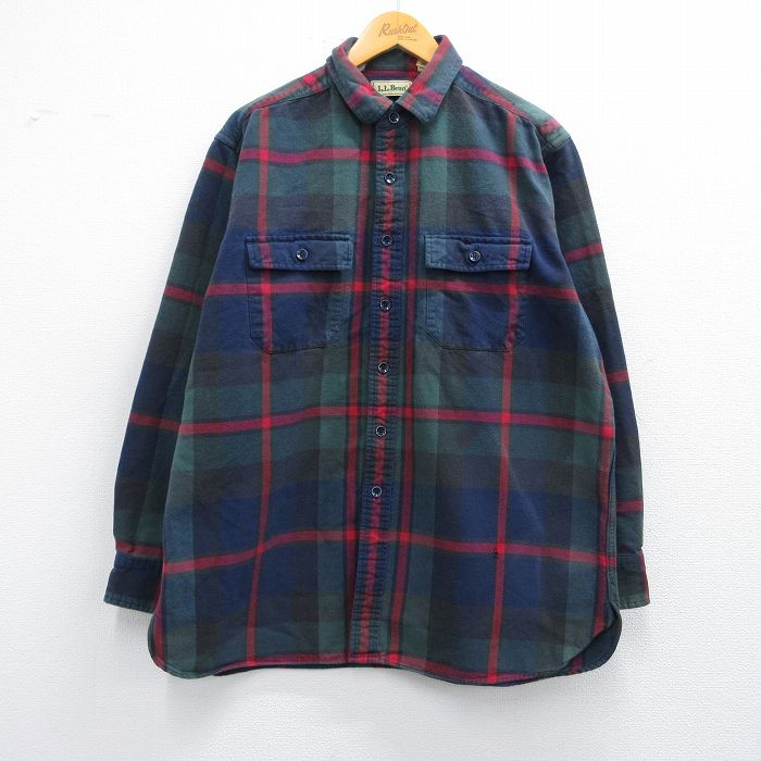 XL★古着 エルエルビーン LLBEAN 長袖 フランネル シャツ メンズ 80年代 80s 大きいサイズ コットン 緑他 グリーン チェック 25feb14 中古 トップス