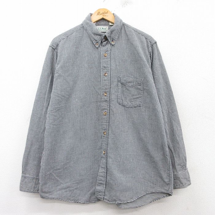 XL★古着 エルエルビーン LLBEAN 長袖 フランネル シャツ メンズ 90年代 90s コットン ボタンダウン USA製 黒他 ブラック ギンガム チェック 25feb14 中古 トップス