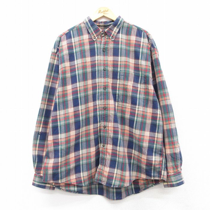 XL★古着 エディーバウアー 長袖 フランネル シャツ メンズ 00年代 00s 大きいサイズ コットン ボタンダウン 紺他 ネイビー チェック 25feb14 中古 トップス