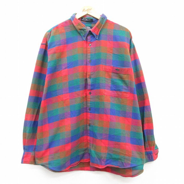 XL★古着 ドッカーズ 長袖 フランネル シャツ メンズ 90年代 90s ワンポイントロゴ 大きいサイズ コットン ボタンダウン 紺他 ネイビー チェック 25feb17 中古 トップス
