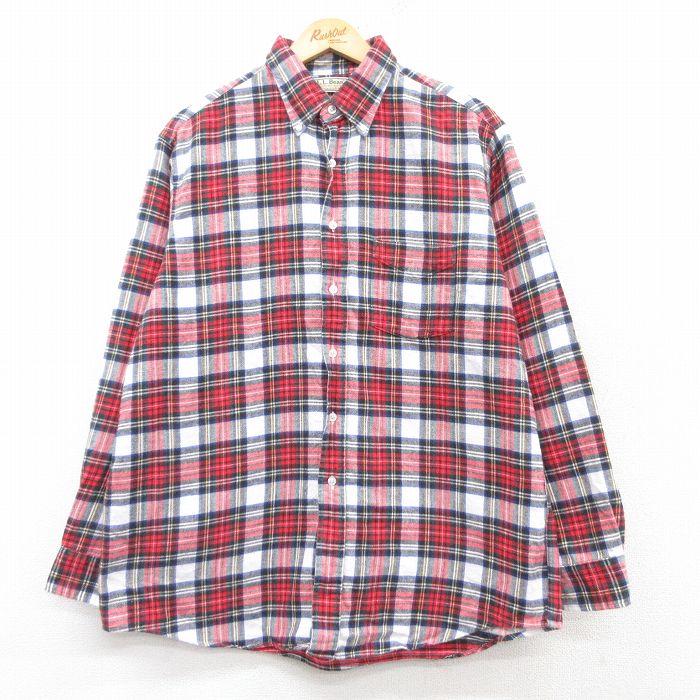 XL★古着 エルエルビーン LLBEAN 長袖 フランネル シャツ メンズ 80年代 80s コットン ボタンダウン USA製 赤他 レッド チェック 25feb17 中古 トップス