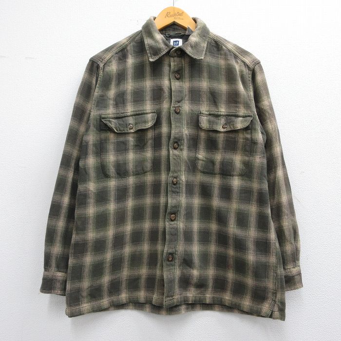 L★古着 ギャップ GAP 長袖 ヘビー フランネル シャツ メンズ コットン 緑他 グリーン チェック 25feb18 中古 トップス