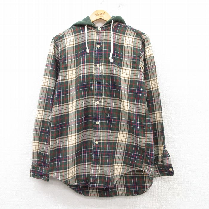 M★古着 ラルフローレン Ralph Lauren 長袖 ブランド ヘビー パーカー フランネル シャツ メンズ 90年代 90s ワンポイントロゴ コットン 緑他 グリーン チェック フード内側サーマル 【spe】 25feb18 中古 トップス