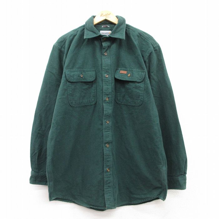 XL★古着 カーハート Carhartt 長袖 ヘビー フランネル シャツ メンズ ロング丈 コットン 緑 グリーン 【spe】 25feb18 中古 トップス
