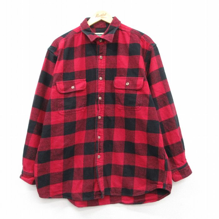 XL★古着 長袖 ヘビー フランネル シャツ メンズ コットン 赤 レッド バッファローチェック 25feb18 中古 トップス