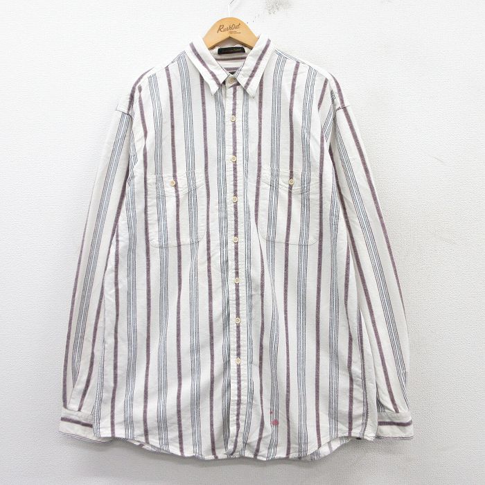【20%OFF】XL★古着 エディーバウアー 長袖 フランネル シャツ メンズ 90年代 90s ロング丈 コットン 白他 ホワイト ストライプ 25feb20 中古 トップス