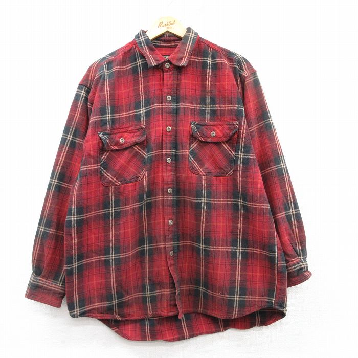 XL★古着 長袖 ヘビー フランネル シャツ メンズ コットン 赤他 レッド チェック 25feb20 中古 トップス