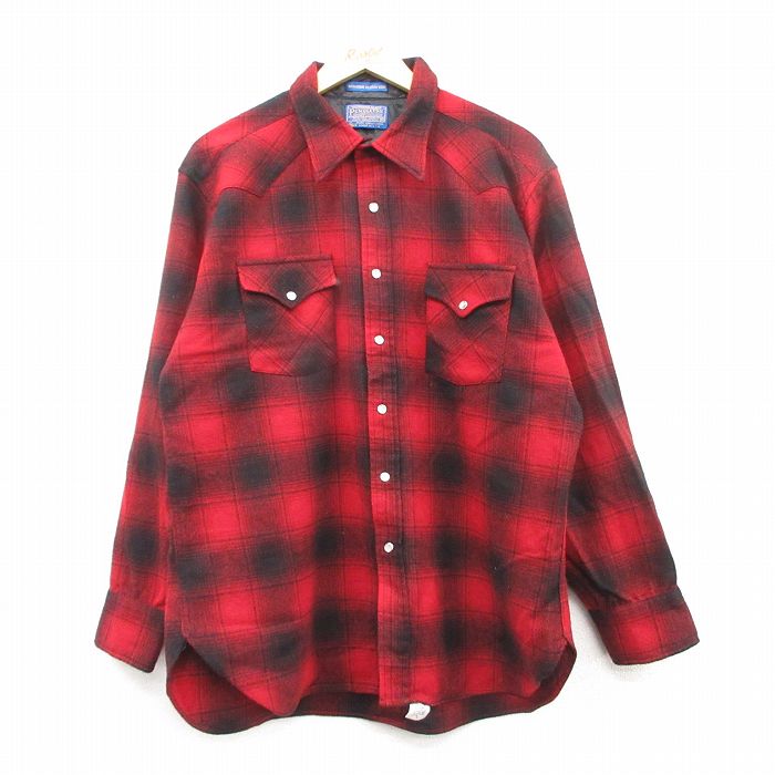 XL★古着 ペンドルトン PENDLETON 長袖 ウエスタン ウール シャツ メンズ 80年代 80s USA製 赤他 レッド オンブレ チェック 25feb20 中古 トップス