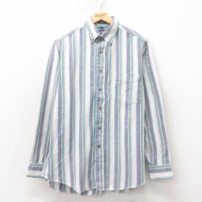 L★古着 バンヒューセン 長袖 フランネル シャツ メンズ 90年代 90s コットン ボタンダウン 紺他 ネイビー ストライプ 25feb20 中古 トップス