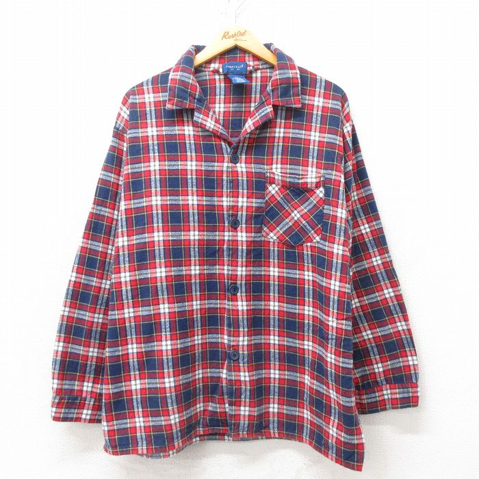 XL★古着 タウンクラフト 長袖 パジャマ フランネル シャツ メンズ 90年代 90s 開襟 オープンカラー コットン 紺他 ネイビー チェック 25feb20 中古 トップス