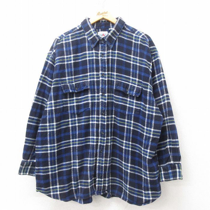 XL★古着 長袖 ヘビー フランネル シャツ メンズ 大きいサイズ コットン ボタンダウン 紺他 ネイビー チェック 25feb20 中古 トップス