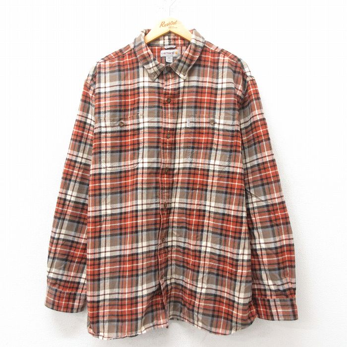 XL★古着 カーハート Carhartt 長袖 フランネル シャツ メンズ 大きいサイズ コットン ボタンダウン 茶他 ブラウン チェック 25feb20 中古 トップス