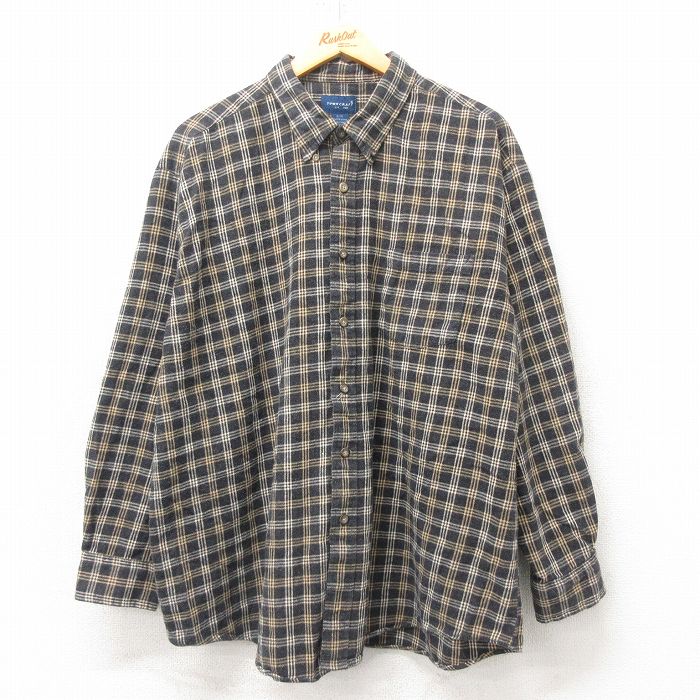 XL★古着 タウンクラフト 長袖 フランネル シャツ メンズ 00年代 00s 大きいサイズ コットン ボタンダウン 黒他 ブラック チェック 25feb20 中古 トップス