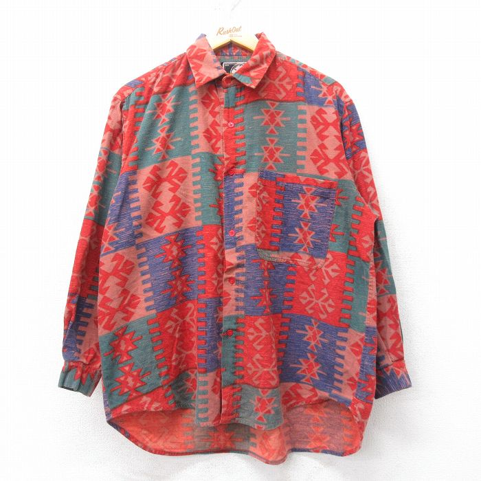 XL★古着 長袖 フランネル シャツ メンズ 90年代 90s ネイティブ柄 ラグ柄 大きいサイズ コットン 赤 レッド 【spe】 25feb26 中古 トップス