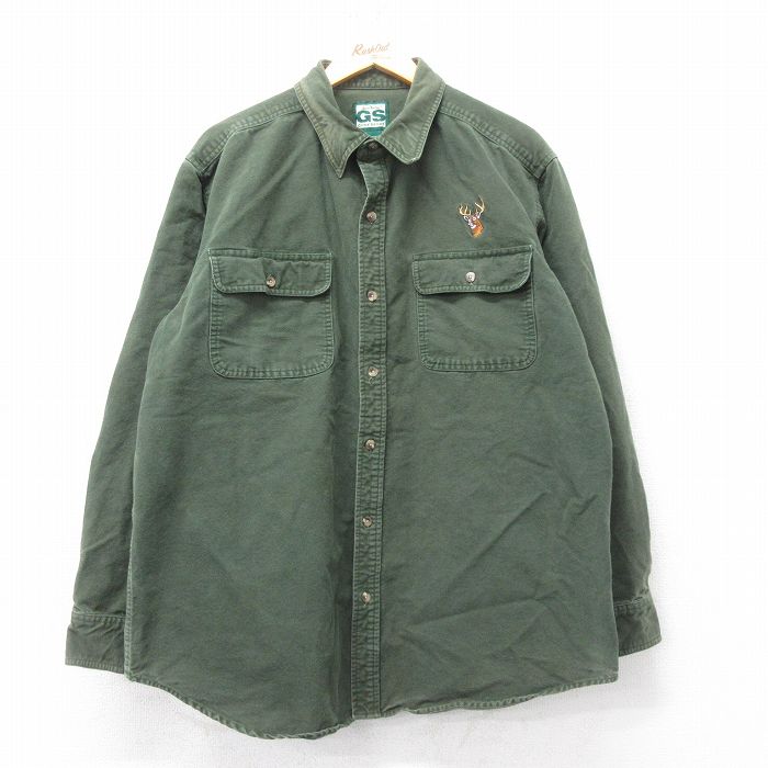 XL★古着 長袖 ヘビー フランネル シャツ メンズ シカ コットン 緑 グリーン 25feb26 中古 トップス