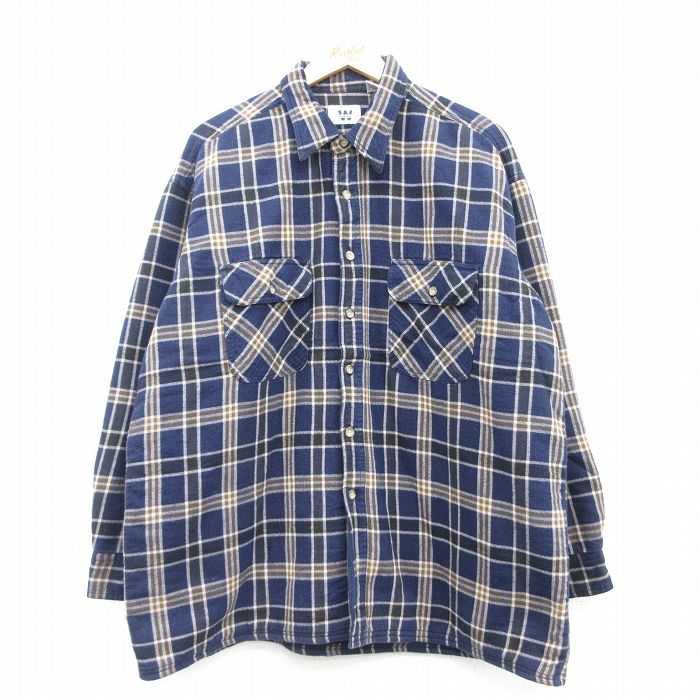 XL★古着 長袖 ヘビー フランネル シャツ メンズ 大きいサイズ コットン 濃紺他 ネイビー チェック 内側フリース 25mar03 中古 トップス