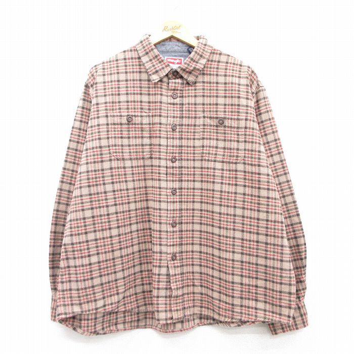 XL★古着 ラングラー Wrangler 長袖 フランネル シャツ メンズ 大きいサイズ コットン ベージュ他 カーキ チェック 25mar03 中古 トップス