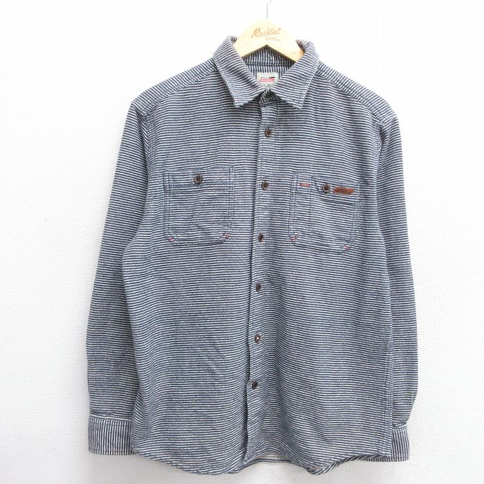 L★古着 ディッキーズ Dickies 長袖 ヘビー フランネル シャツ メンズ コットン 濃紺他 ネイビー ボーダー 25mar03 中古 トップス