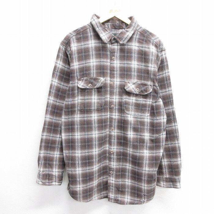 L★古着 長袖 ヘビー フランネル シャツ メンズ ボロ ロング丈 コットン 茶他 ブラウン チェック 25mar03 中古 トップス