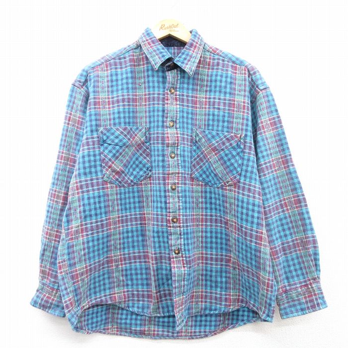 L★古着 長袖 ヘビー フランネル シャツ メンズ 水色他 チェック 25mar04 中古 トップス