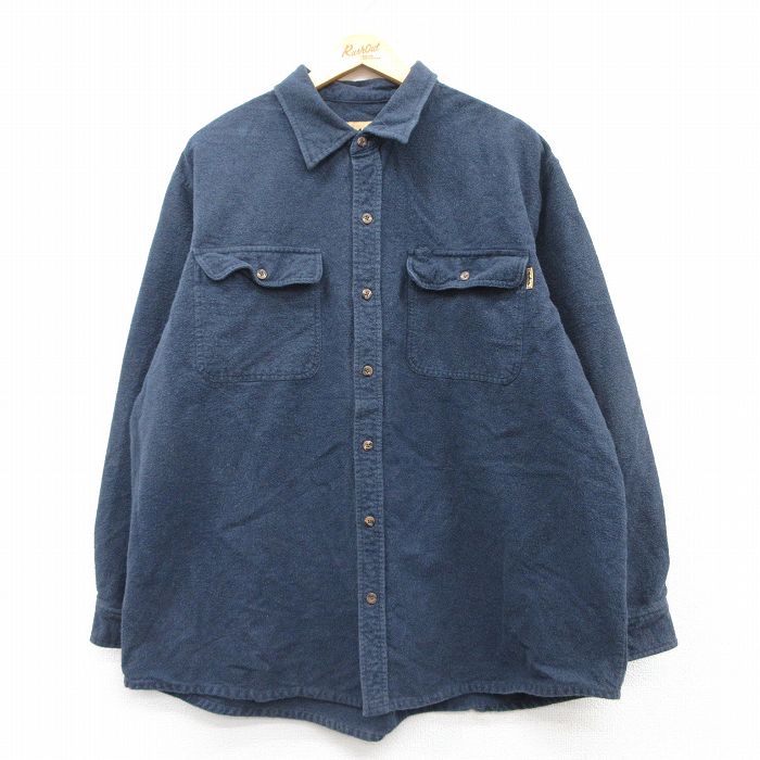 XL★古着 長袖 ヘビー フランネル シャツ メンズ 大きいサイズ コットン 紺 ネイビー 25mar04 中古 トップス